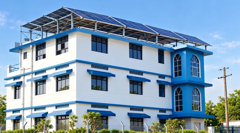 ATC Industries building with rooftop solar panels on raised steel frames