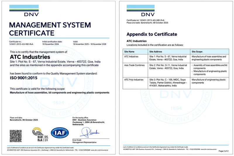 ATC Industries DNV ISO 9001:2015 certificate and appendix