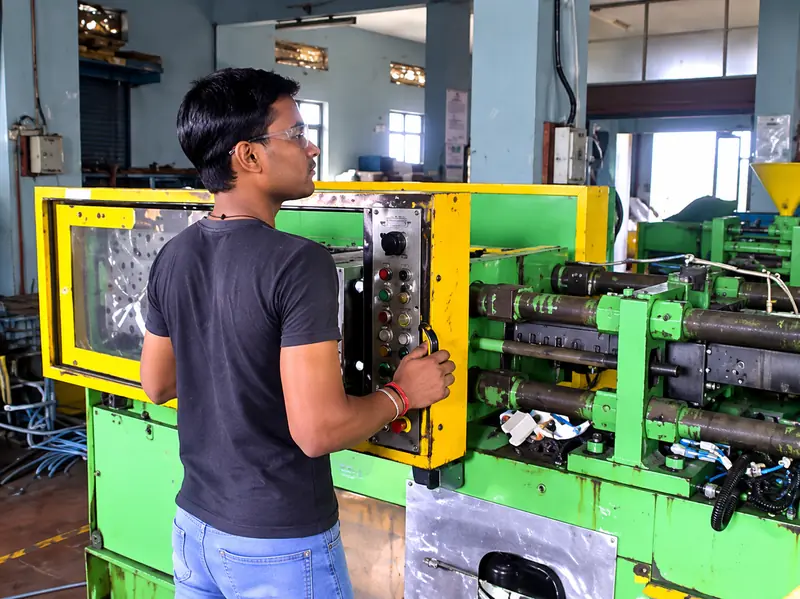 Operator working at an ATC injection molding press