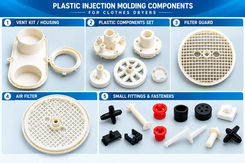 Injection molded plastic components, filter parts and fasteners