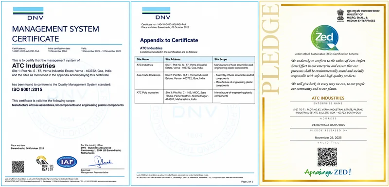 ATC Industries quality certification documents including ZED pledge